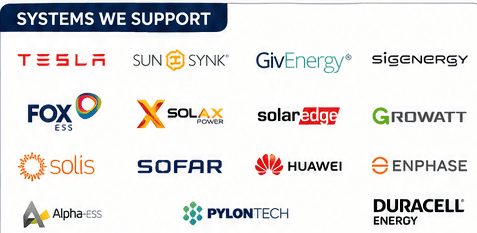 Systems supported by Mr Solar: Tesla, Sunsynk, GivEnergy, Sigenergy, Fox ESS, SolaX, SolarEdge, Growatt, Solis, Sofar, Huawei, Enphase, Alpha ESS, Pylontech and Duracell Energy
