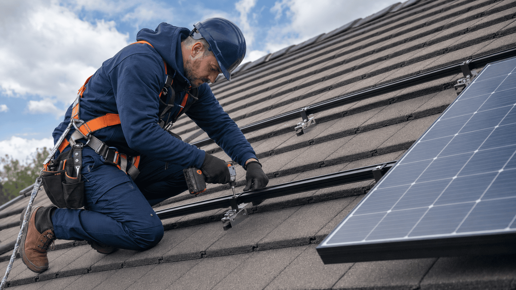 Solar installer working safely on a residential roof